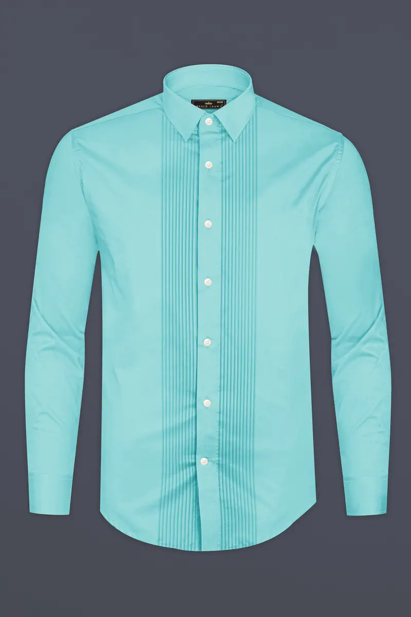 Azure-Downy Blue Subtle Sheen Super Soft Premium Cotton Tuxedo Dress Shirt 6