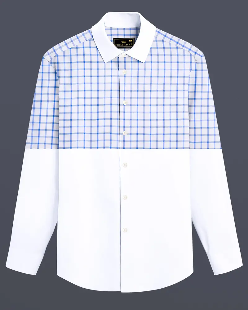 Azure Frost-Portage Blue Plaid And Bright White Solid Subtle Sheen Super Soft Premium Cotton Casual Designer Shirt 1