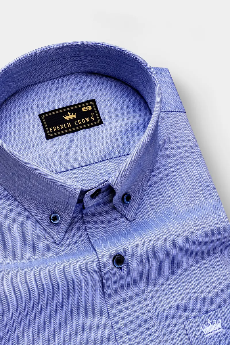 Azure-Glaucous Blue Textured Herringbone Premium Cotton Dress Shirt 1