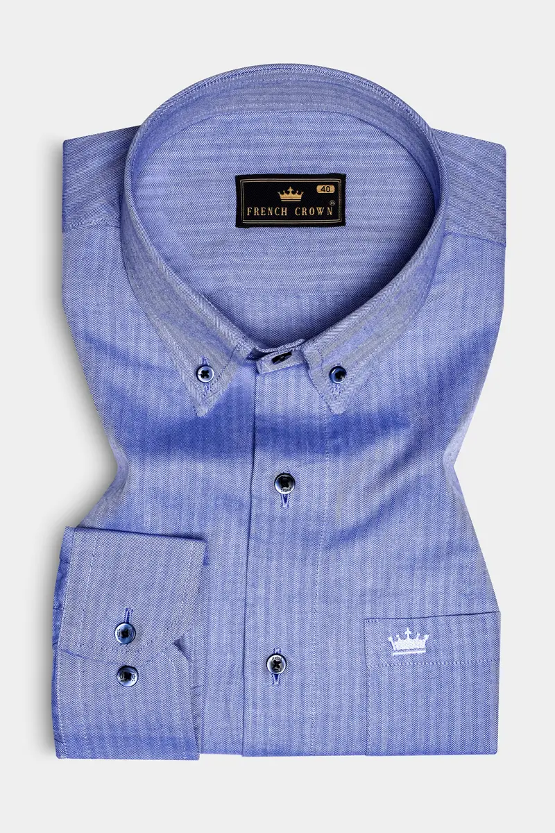 Azure-Glaucous Blue Textured Herringbone Premium Cotton Dress Shirt 3