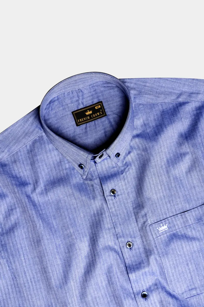 Azure-Glaucous Blue Textured Herringbone Premium Cotton Dress Shirt 4