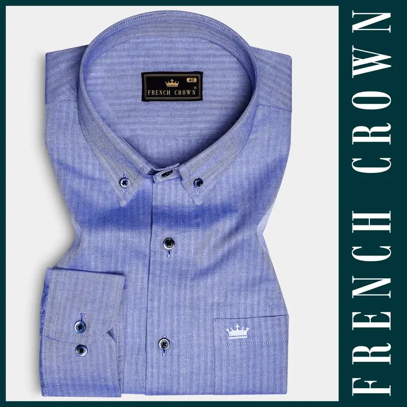 Azure-Glaucous Blue Textured Herringbone Premium Cotton Dress Shirt 5