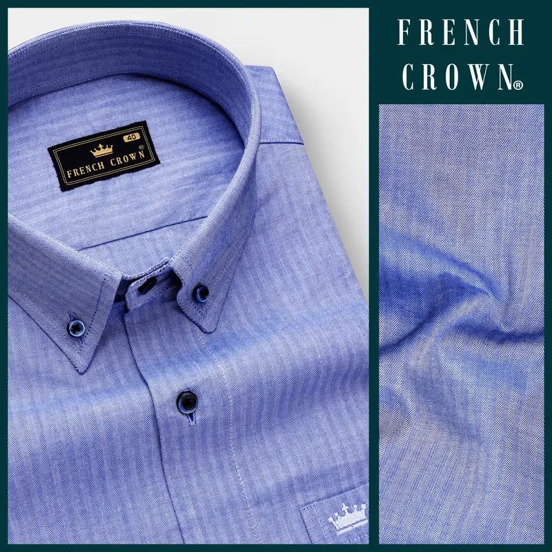 Azure-Glaucous Blue Textured Herringbone Premium Cotton Dress Shirt 8