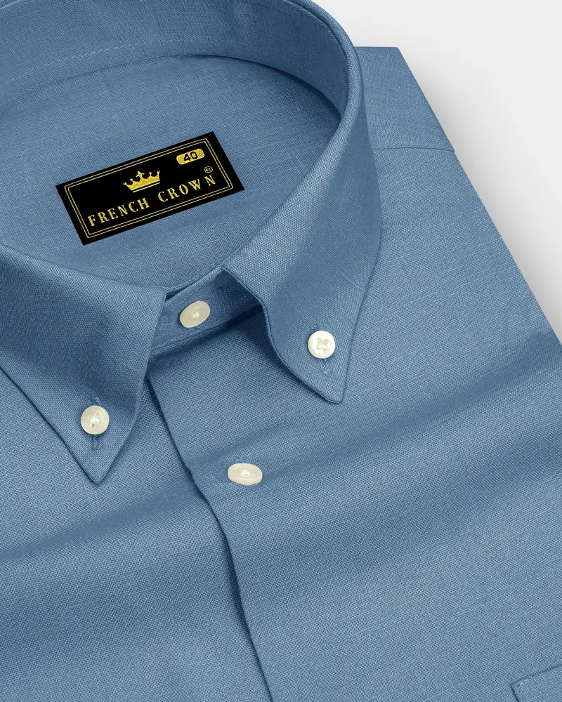 Azure-Lynch Blue Luxurious Linen Button Down Dress Shirt 1