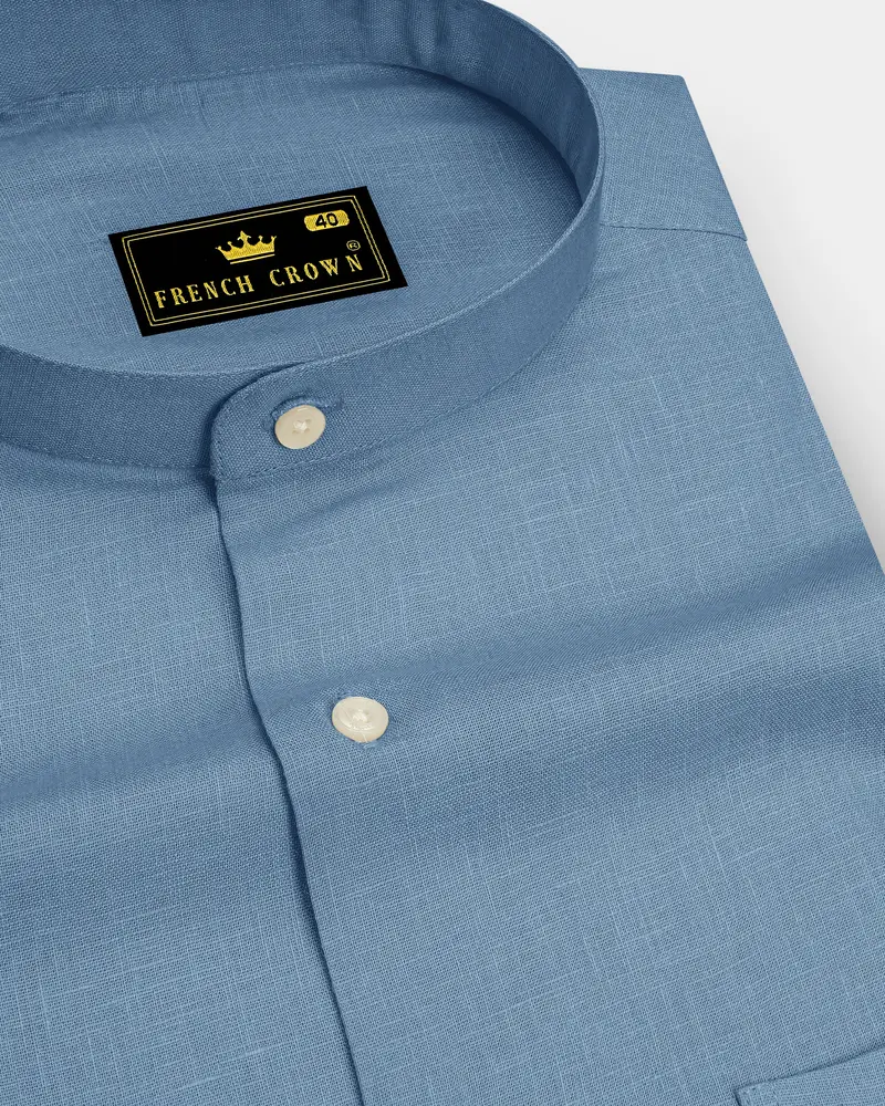 Azure-Lynch Blue Luxurious Linen Mandarin Dress Shirt 1