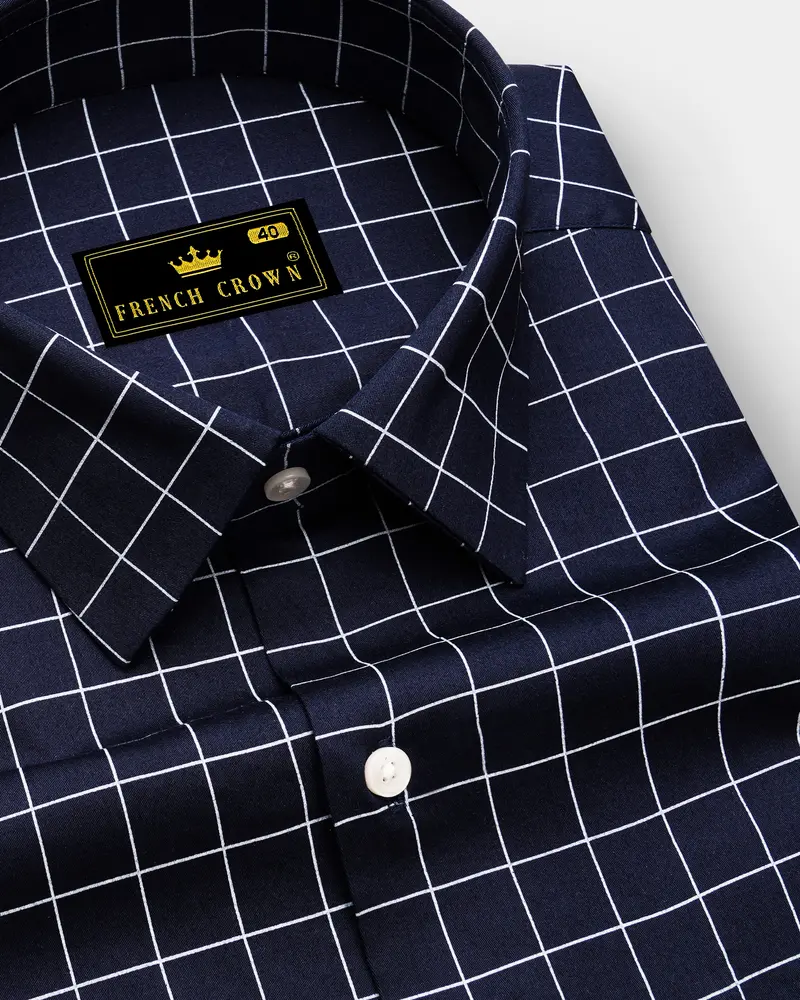 Azure-Mirage Blue And Bright White Windowpane Subtle Sheen Super Soft Premium Cotton Dress Shirt 1