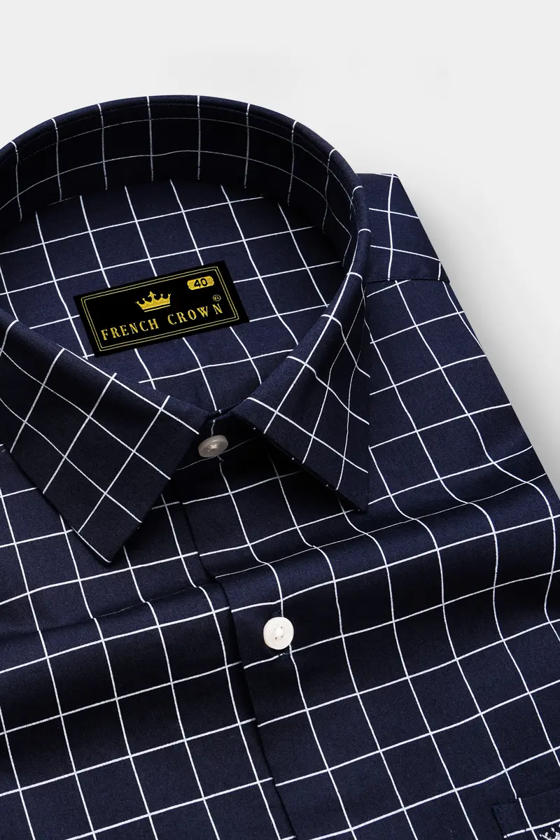 Azure-Mirage Blue And Bright White Windowpane Subtle Sheen Super Soft Premium Cotton Dress Shirt 2