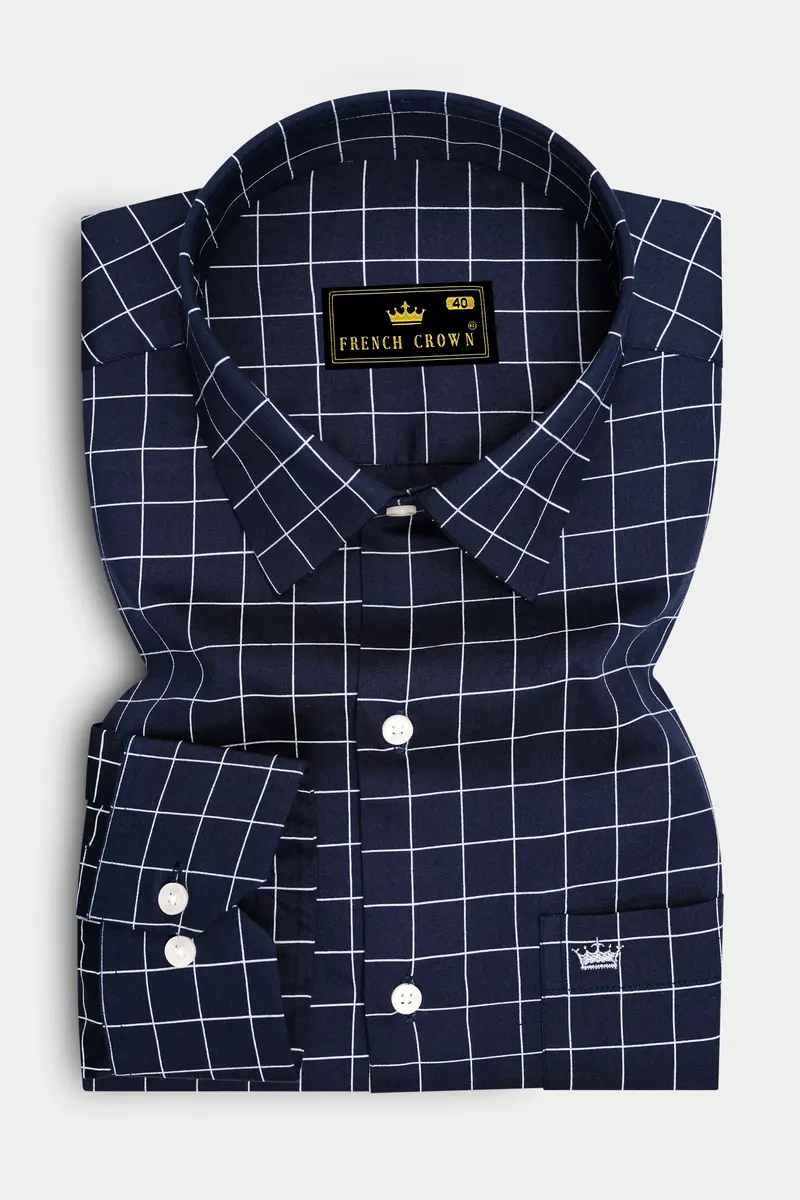 Azure-Mirage Blue And Bright White Windowpane Subtle Sheen Super Soft Premium Cotton Dress Shirt 4