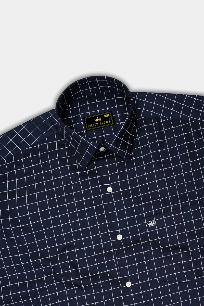 Azure-Mirage Blue And Bright White Windowpane Subtle Sheen Super Soft Premium Cotton Dress Shirt 5