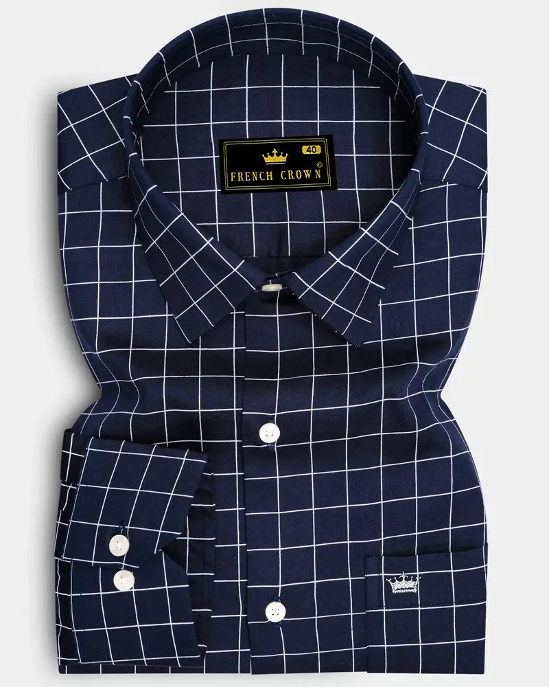 Azure-Mirage Blue And Bright White Windowpane Subtle Sheen Super Soft Premium Cotton Dress Shirt 6