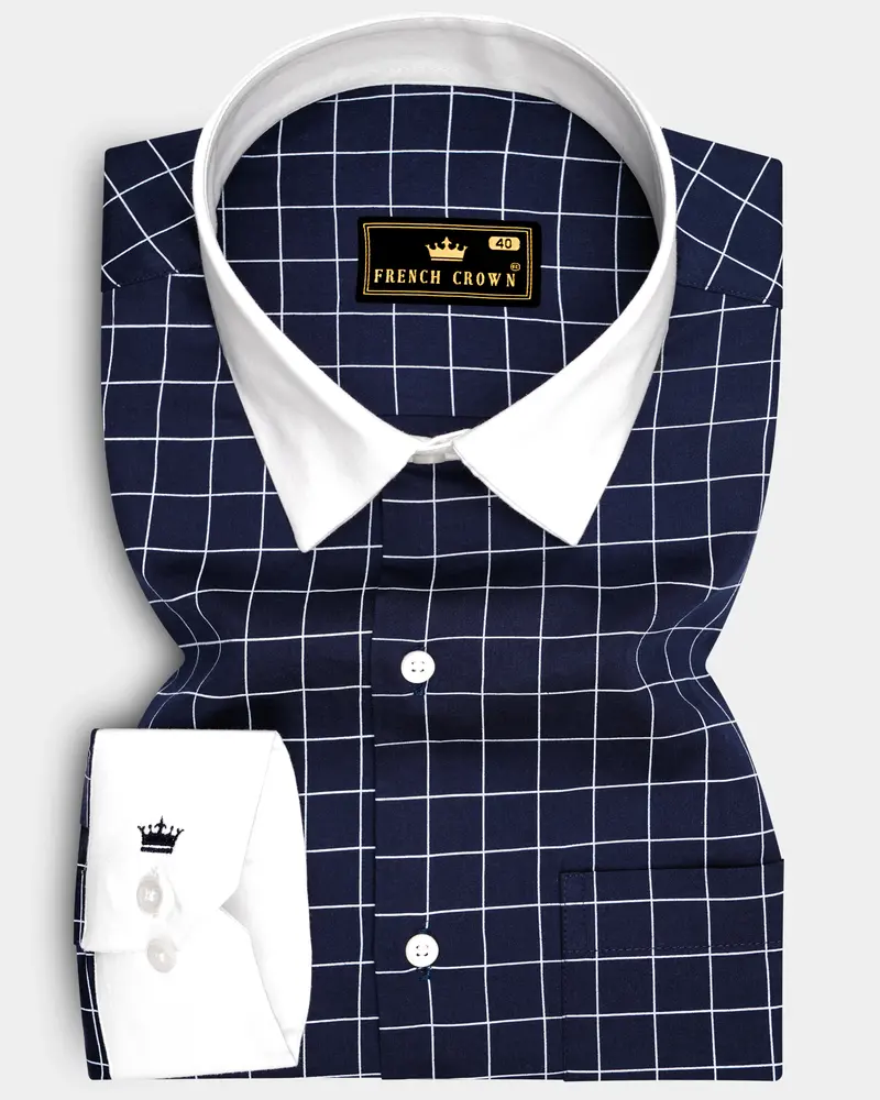 Azure-Mirage Blue And Bright White Windowpane Subtle Sheen Super Soft Premium Cotton Dress White Cuff Collar Shirt 1