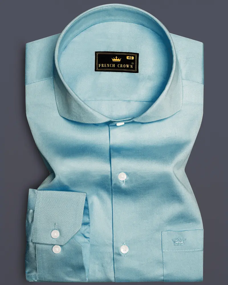 Azure Mist-Cyan Opaque Blue Subtle Sheen Super Soft Premium Cotton Cut Away Collar Dress Shirt 10