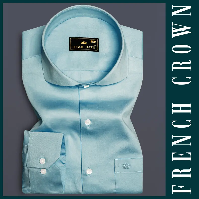 Azure Mist-Cyan Opaque Blue Subtle Sheen Super Soft Premium Cotton Cut Away Collar Dress Shirt 6