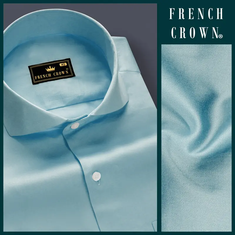 Azure Mist-Cyan Opaque Blue Subtle Sheen Super Soft Premium Cotton Cut Away Collar Dress Shirt 8