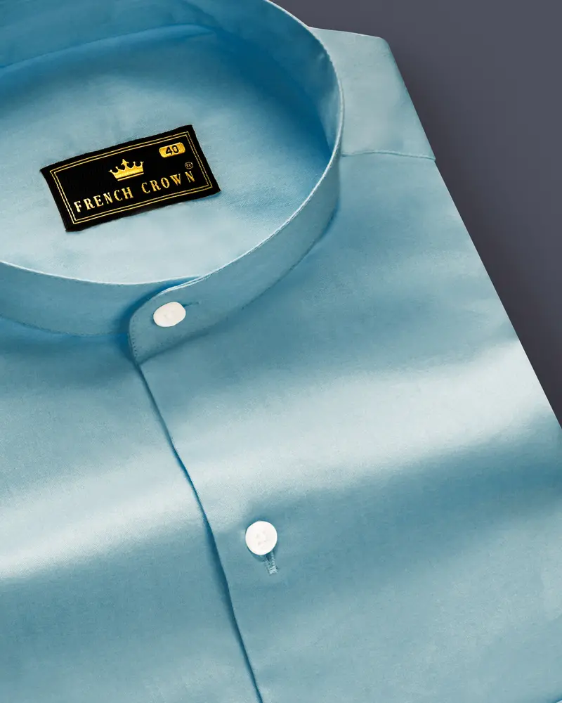 Azure Mist-Cyan Opaque Blue Subtle Sheen Super Soft Premium Cotton Semi Formal Mandarin Collar Shirt 1