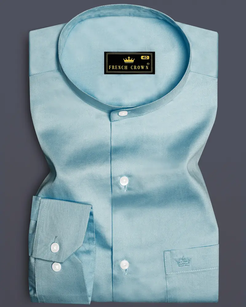 Azure Mist-Cyan Opaque Blue Subtle Sheen Super Soft Premium Cotton Semi Formal Mandarin Collar Shirt 10