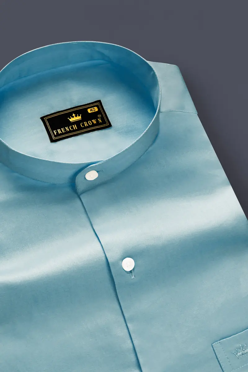 Azure Mist-Cyan Opaque Blue Subtle Sheen Super Soft Premium Cotton Semi Formal Mandarin Collar Shirt 2