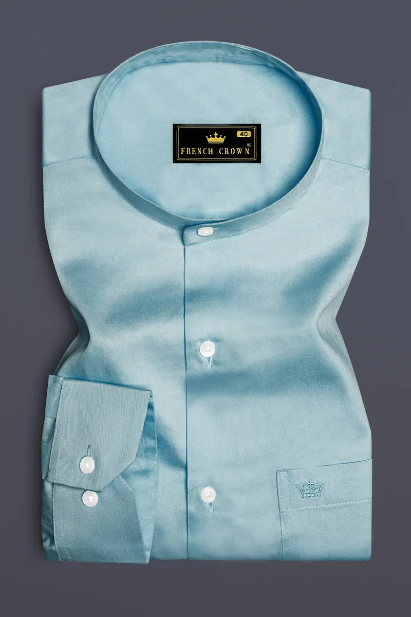 Azure Mist-Cyan Opaque Blue Subtle Sheen Super Soft Premium Cotton Semi Formal Mandarin Collar Shirt 4