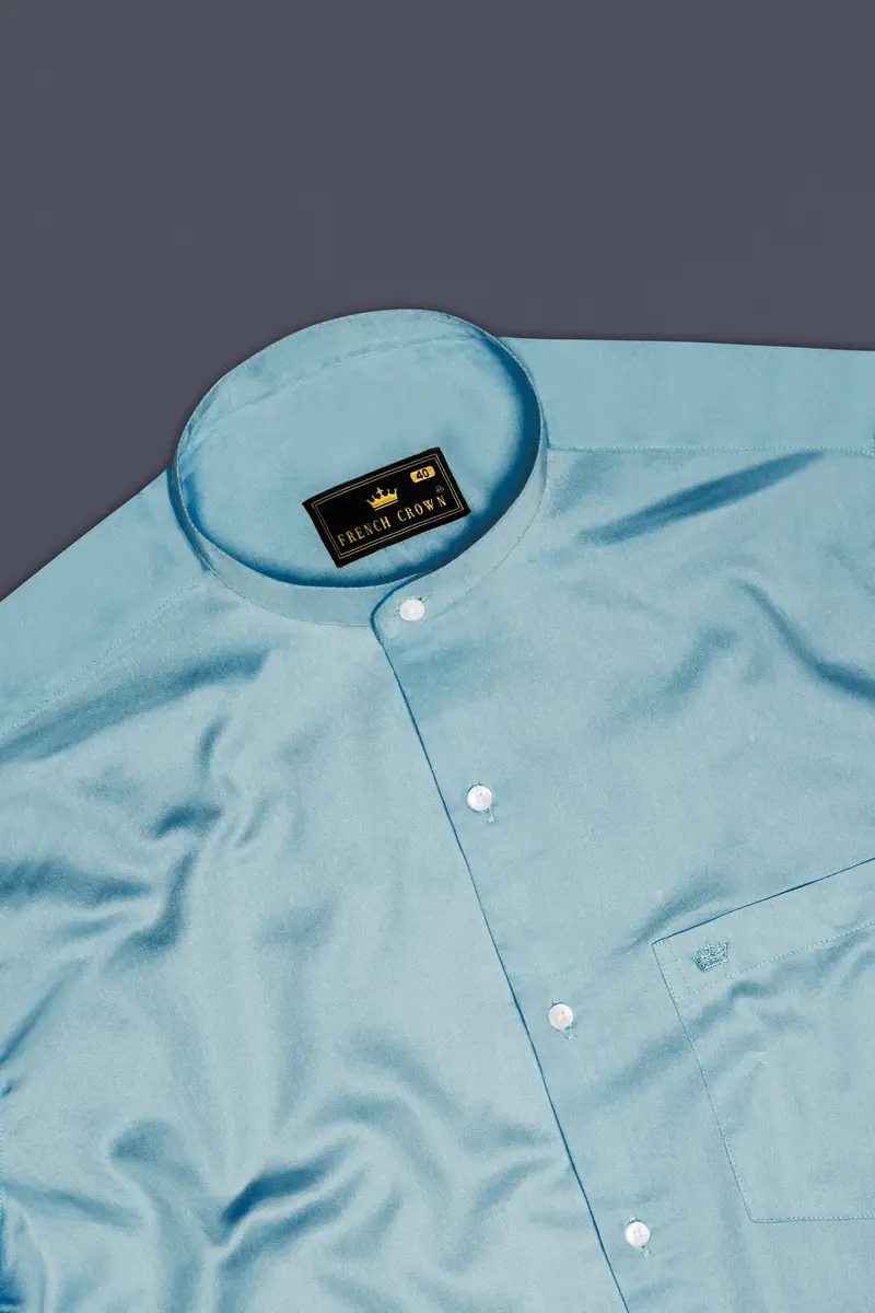 Azure Mist-Cyan Opaque Blue Subtle Sheen Super Soft Premium Cotton Semi Formal Mandarin Collar Shirt 5