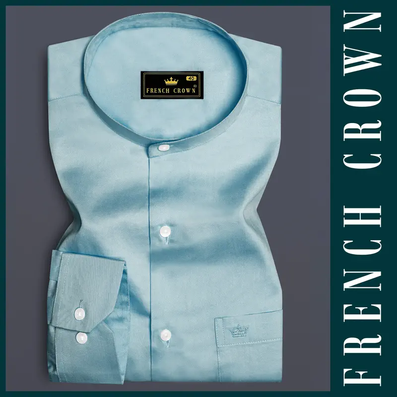 Azure Mist-Cyan Opaque Blue Subtle Sheen Super Soft Premium Cotton Semi Formal Mandarin Collar Shirt 6