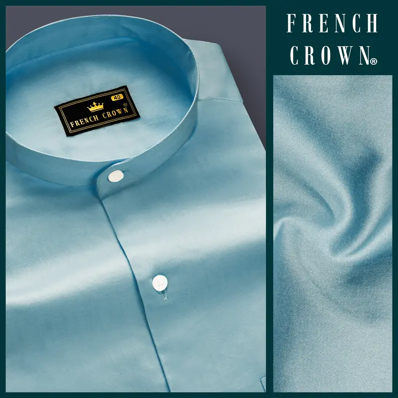 Azure Mist-Cyan Opaque Blue Subtle Sheen Super Soft Premium Cotton Semi Formal Mandarin Collar Shirt 8