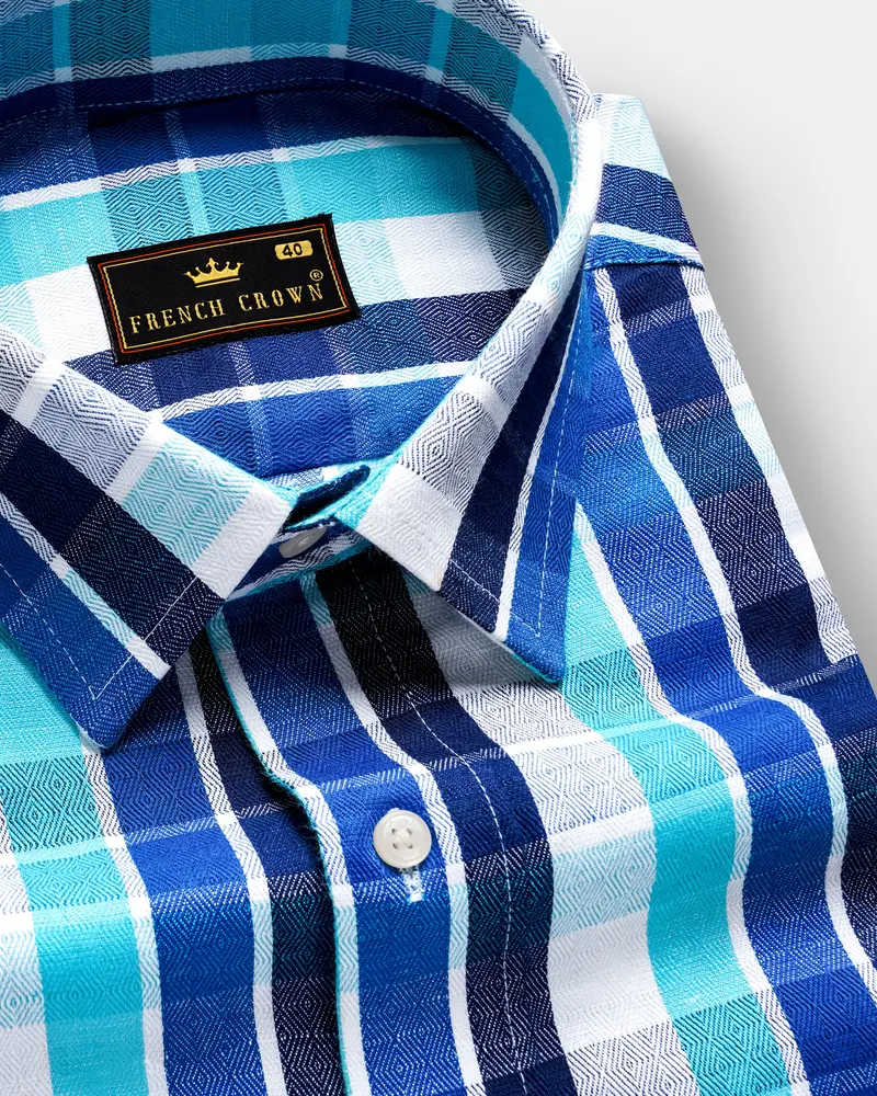 Azure-Sapphire Blue And Spray Plaid Dobby Textured Premium Giza Cotton Casual Shirt 1