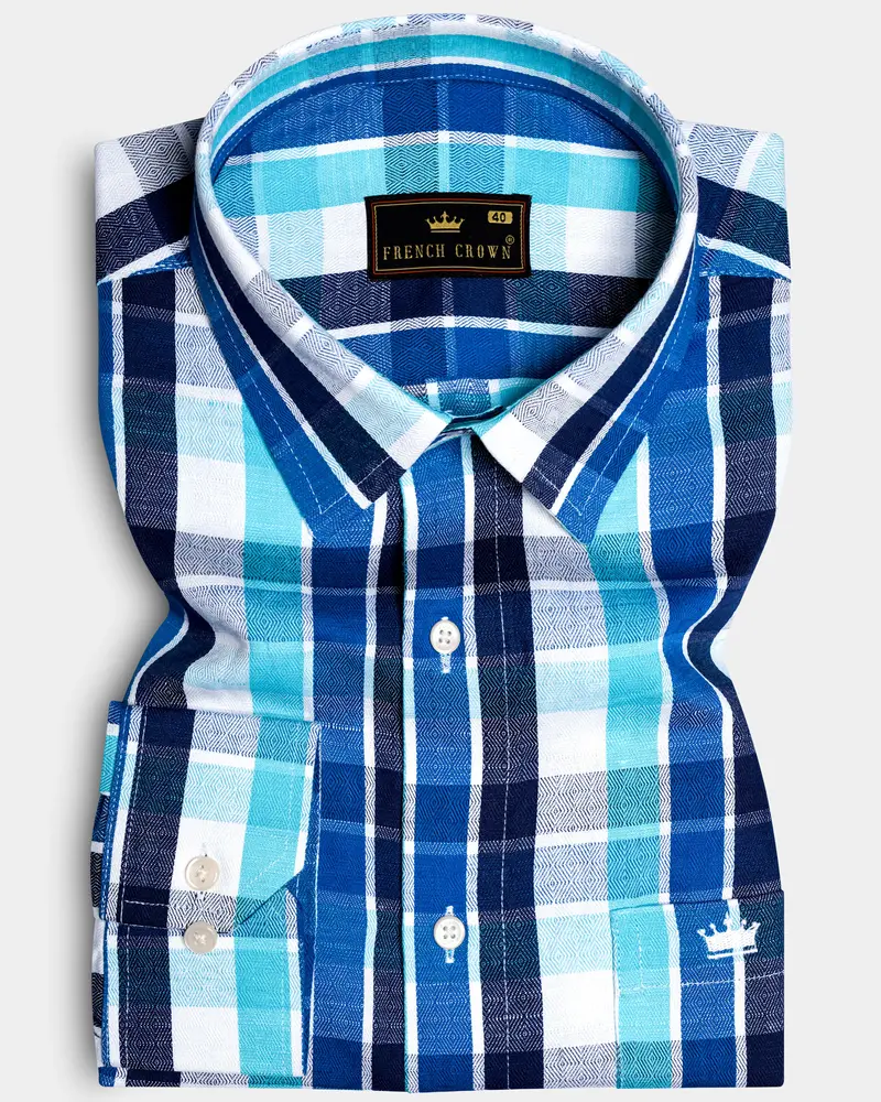 Azure-Sapphire Blue And Spray Plaid Dobby Textured Premium Giza Cotton Casual Shirt 10