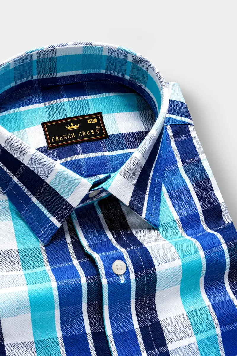 Azure-Sapphire Blue And Spray Plaid Dobby Textured Premium Giza Cotton Casual Shirt 2