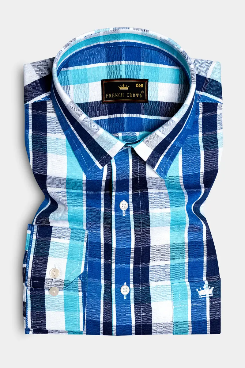 Azure-Sapphire Blue And Spray Plaid Dobby Textured Premium Giza Cotton Casual Shirt 4
