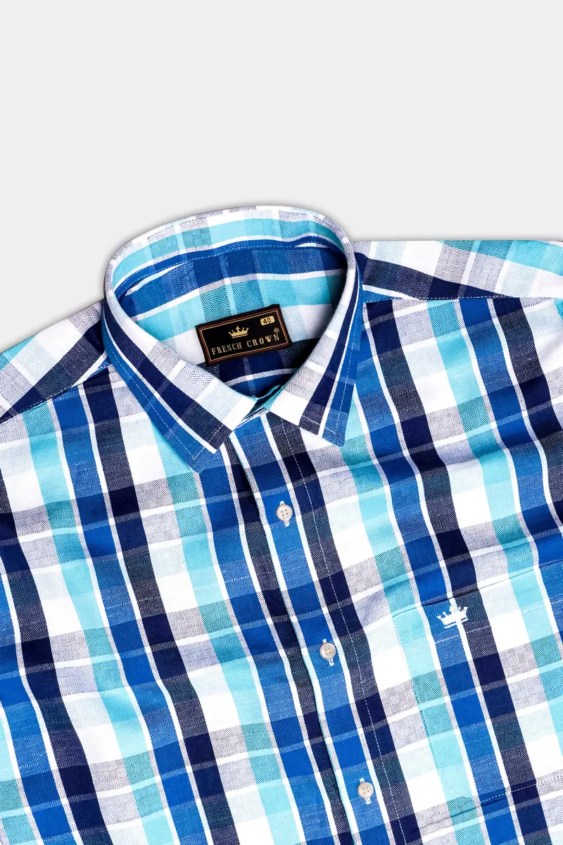 Azure-Sapphire Blue And Spray Plaid Dobby Textured Premium Giza Cotton Casual Shirt 5