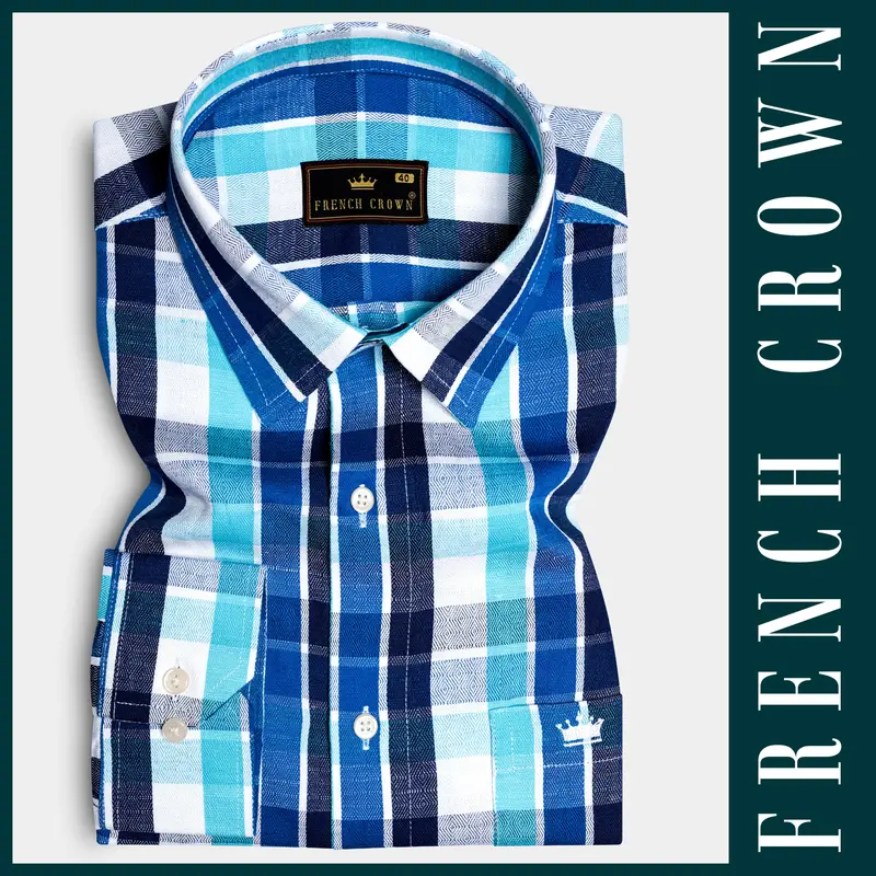 Azure-Sapphire Blue And Spray Plaid Dobby Textured Premium Giza Cotton Casual Shirt 6