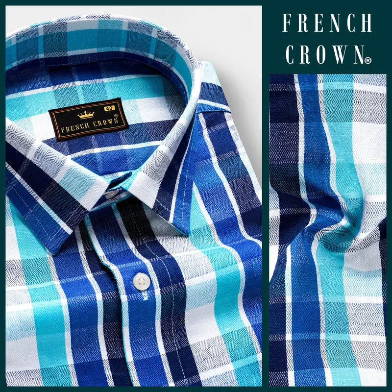 Azure-Sapphire Blue And Spray Plaid Dobby Textured Premium Giza Cotton Casual Shirt 9