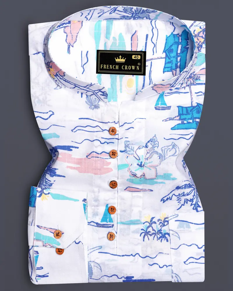 Azureglow-Bright White And Mabel Blue Printed Chambray Premium Cotton Casual Kurta Shirt 1