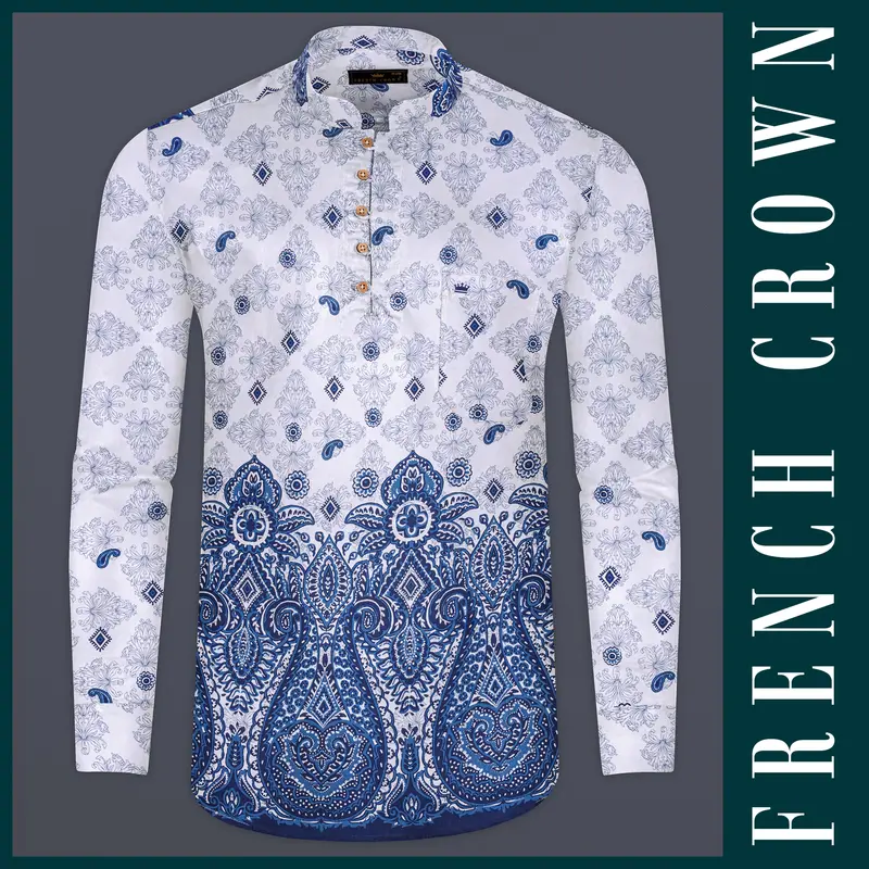 Azurekeri-Curious Blue And Bright White Paisleys Printed Luxurious Linen Kurta Shirt 1