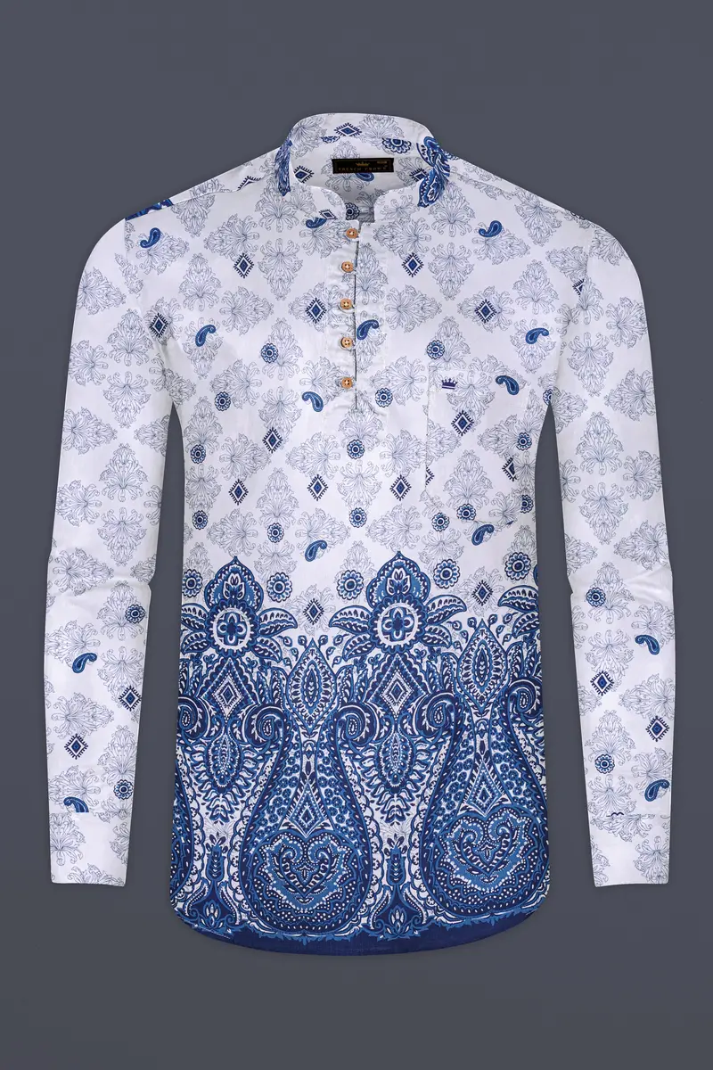 Azurekeri-Curious Blue And Bright White Paisleys Printed Luxurious Linen Kurta Shirt 2