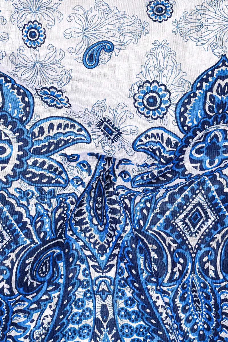 Azurekeri-Curious Blue And Bright White Paisleys Printed Luxurious Linen Kurta Shirt 3