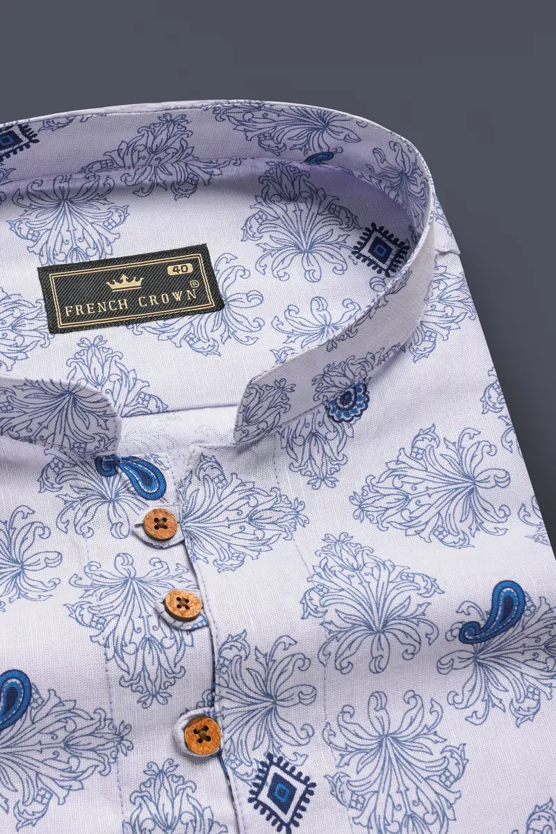 Azurekeri-Curious Blue And Bright White Paisleys Printed Luxurious Linen Kurta Shirt 4