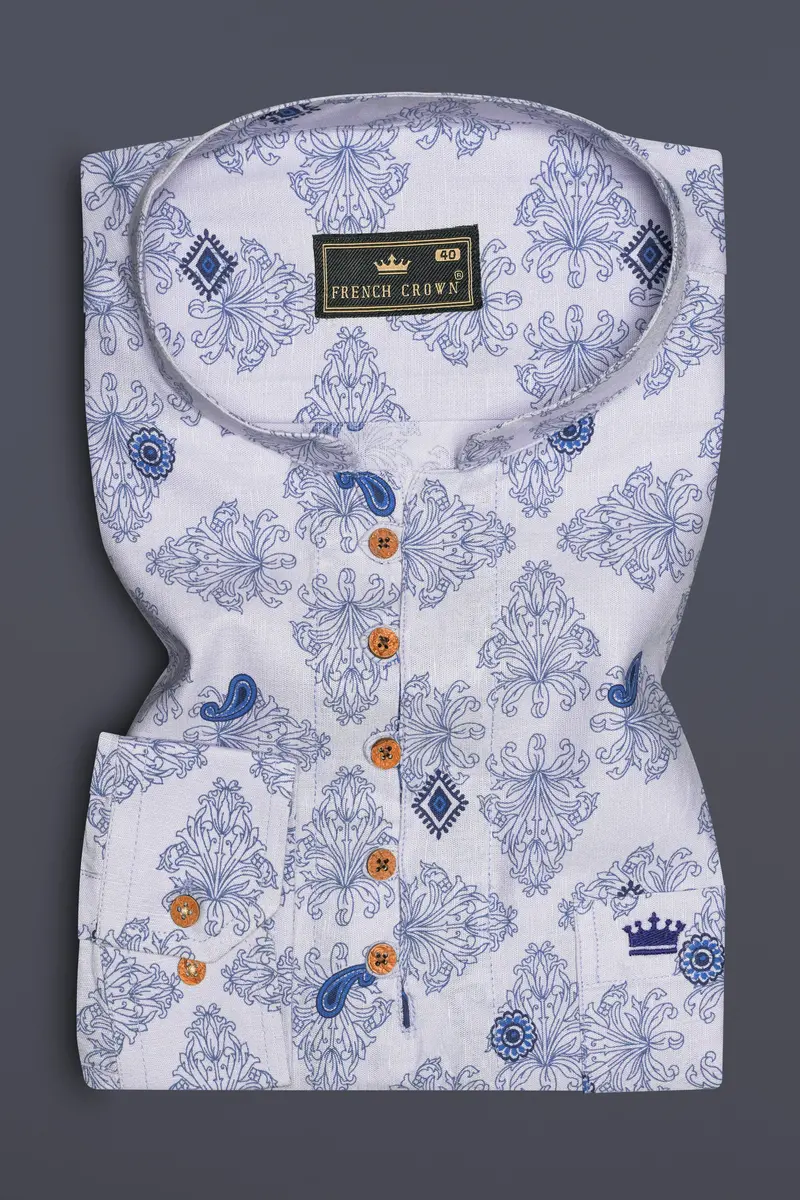 Azurekeri-Curious Blue And Bright White Paisleys Printed Luxurious Linen Kurta Shirt 5