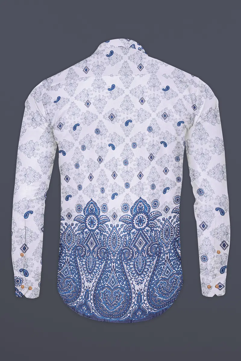 Azurekeri-Curious Blue And Bright White Paisleys Printed Luxurious Linen Kurta Shirt 6