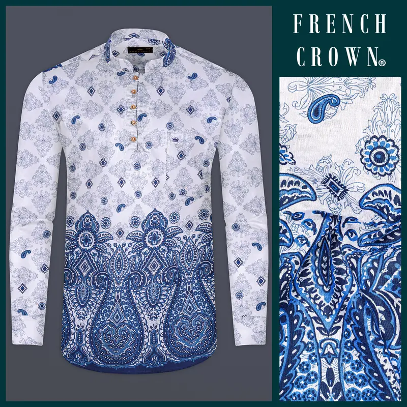 Azurekeri-Curious Blue And Bright White Paisleys Printed Luxurious Linen Kurta Shirt 9