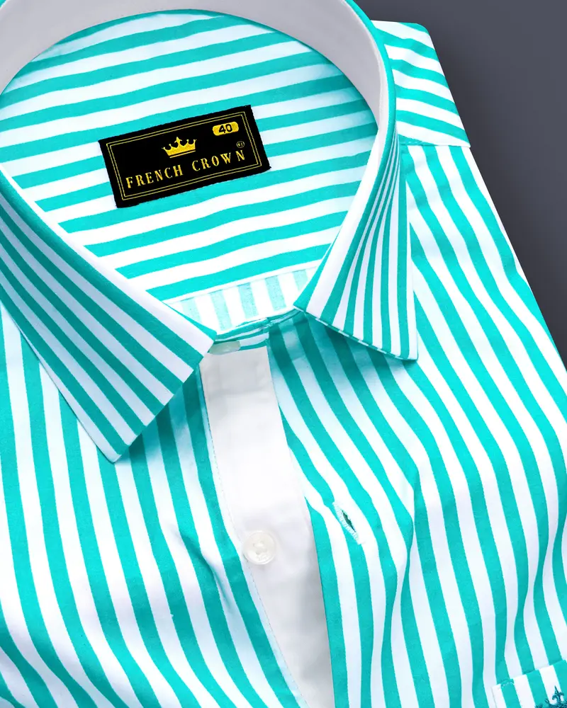 Azurelin-Lochinvar Blue And Bright White Striped Subtle Sheen Super Soft Premium Cotton Dress Shirt 1