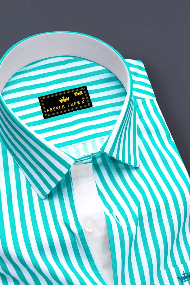 Azurelin-Lochinvar Blue And Bright White Striped Subtle Sheen Super Soft Premium Cotton Dress Shirt 2