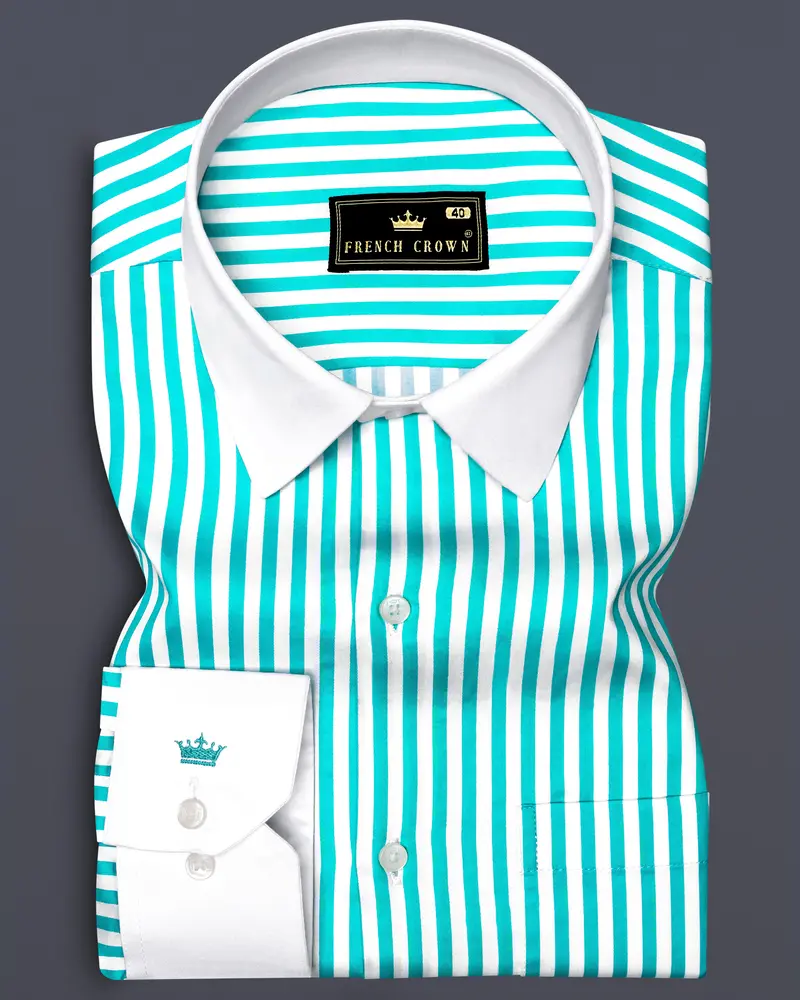 Azurelin-Lochinvar Blue And Bright White Striped Super Soft Premium Cotton Dress White Cuff Collar Shirt 1