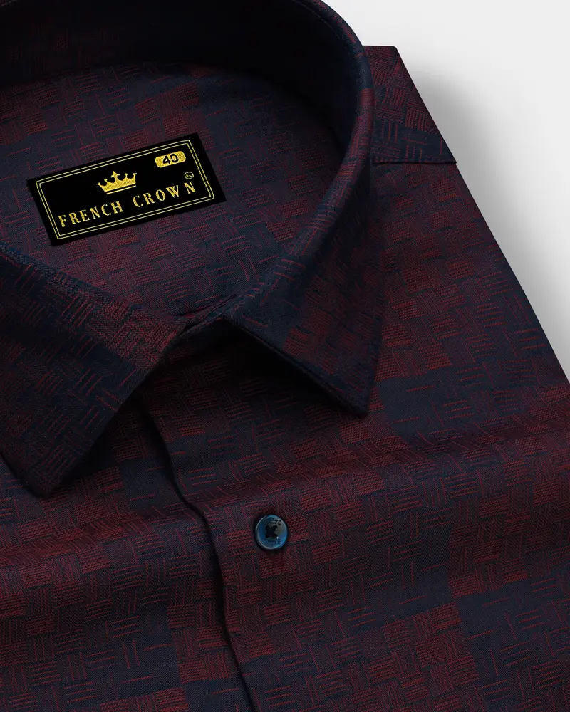 Azureno-Haiti Blue And Berry Red Jacquard Textured Premium Cotton Dress Shirt 1