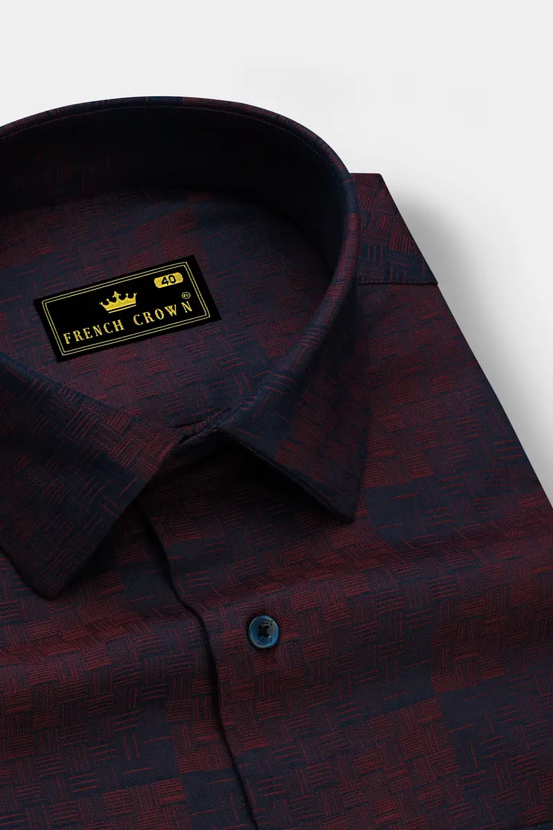 Azureno-Haiti Blue And Berry Red Jacquard Textured Premium Cotton Dress Shirt 2
