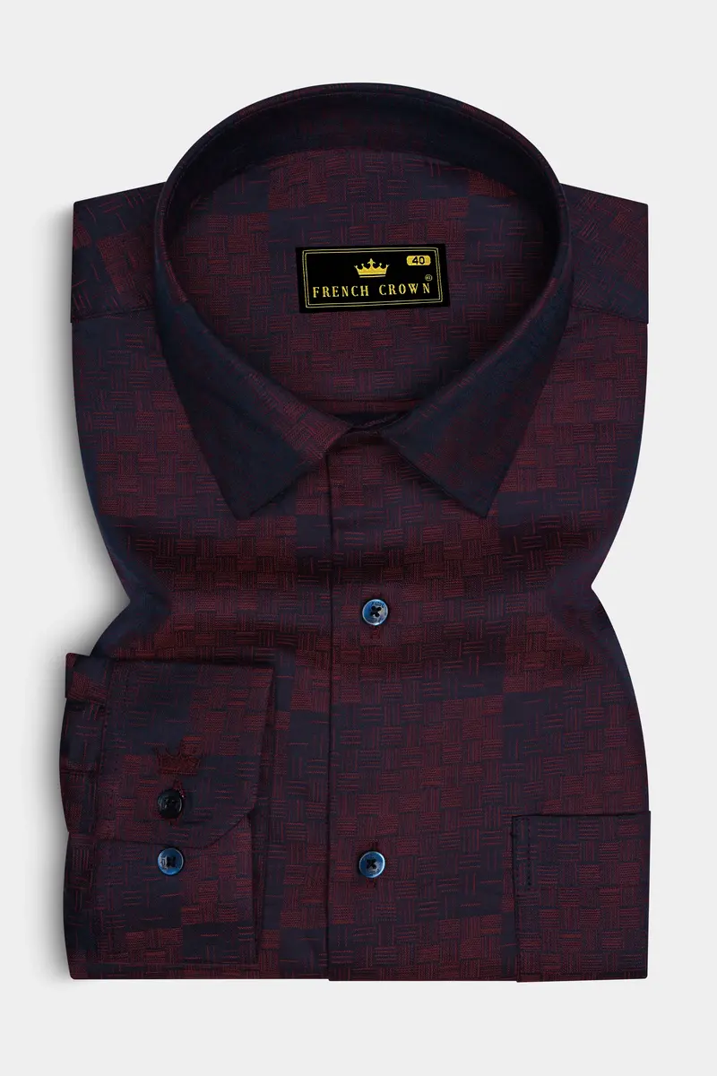 Azureno-Haiti Blue And Berry Red Jacquard Textured Premium Cotton Dress Shirt 4