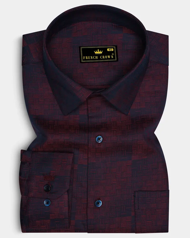 Azureno-Haiti Blue And Berry Red Jacquard Textured Premium Cotton Dress Shirt 6