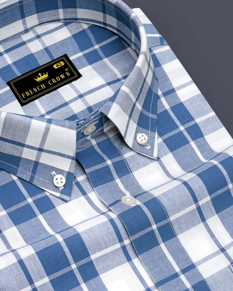 Azurino Chambray Blue And Bright White Plaid Chambray Premium Cotton Casual Shirt 1