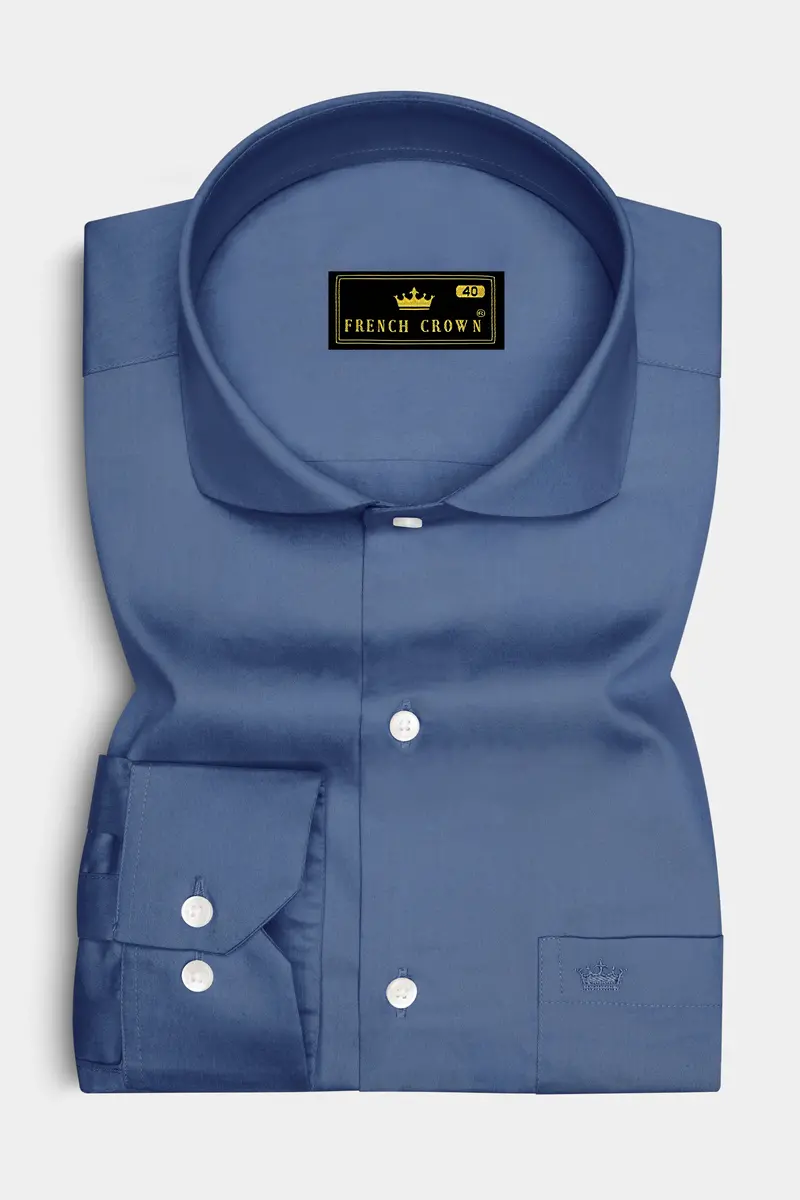 Azurion-Dusky Blue Subtle Sheen Super Soft Premium Cotton Cut Away Collar Dress Shirt 4