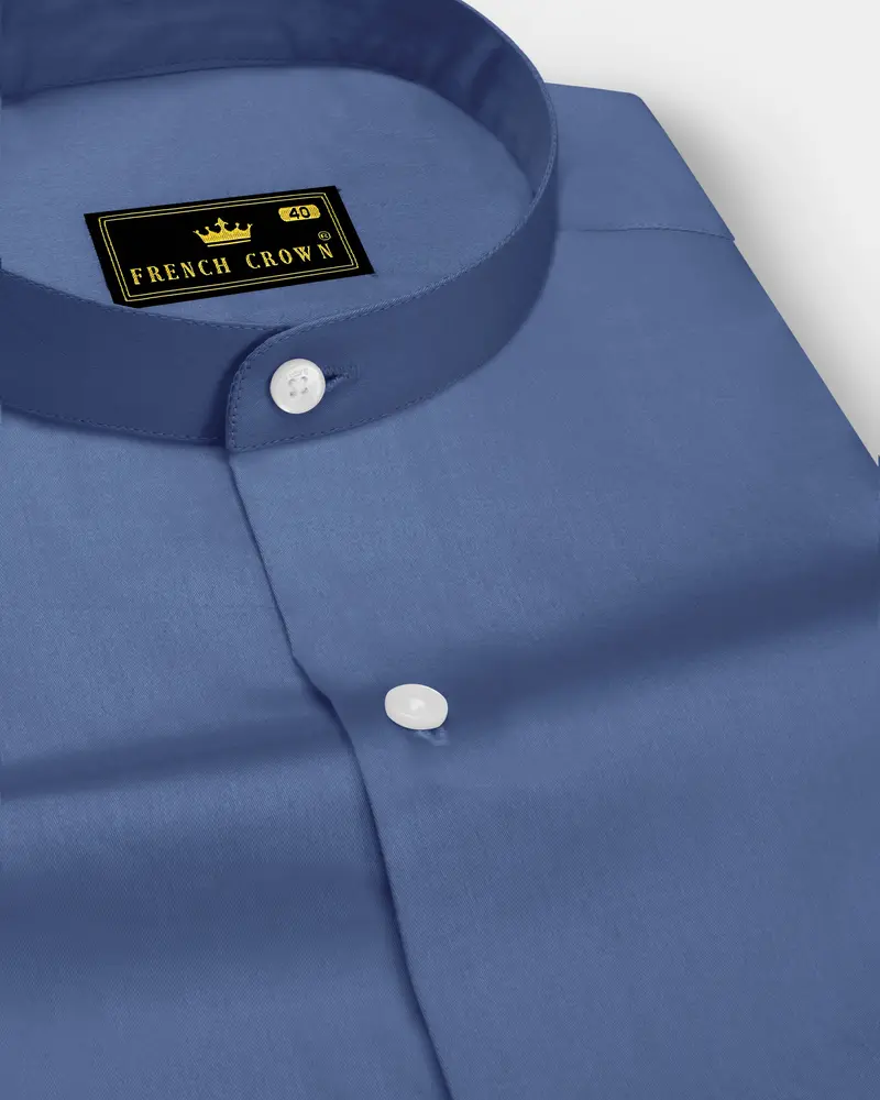 Azurion-Dusky Blue Subtle Sheen Super Soft Premium Cotton Mandarin Dress Shirt 1